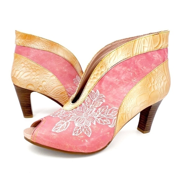 L’Artiste Adrina Bootie Pink & Tan Floral Peep Toe Heels Euro Size 42 = US 11 - Picture 1 of 13